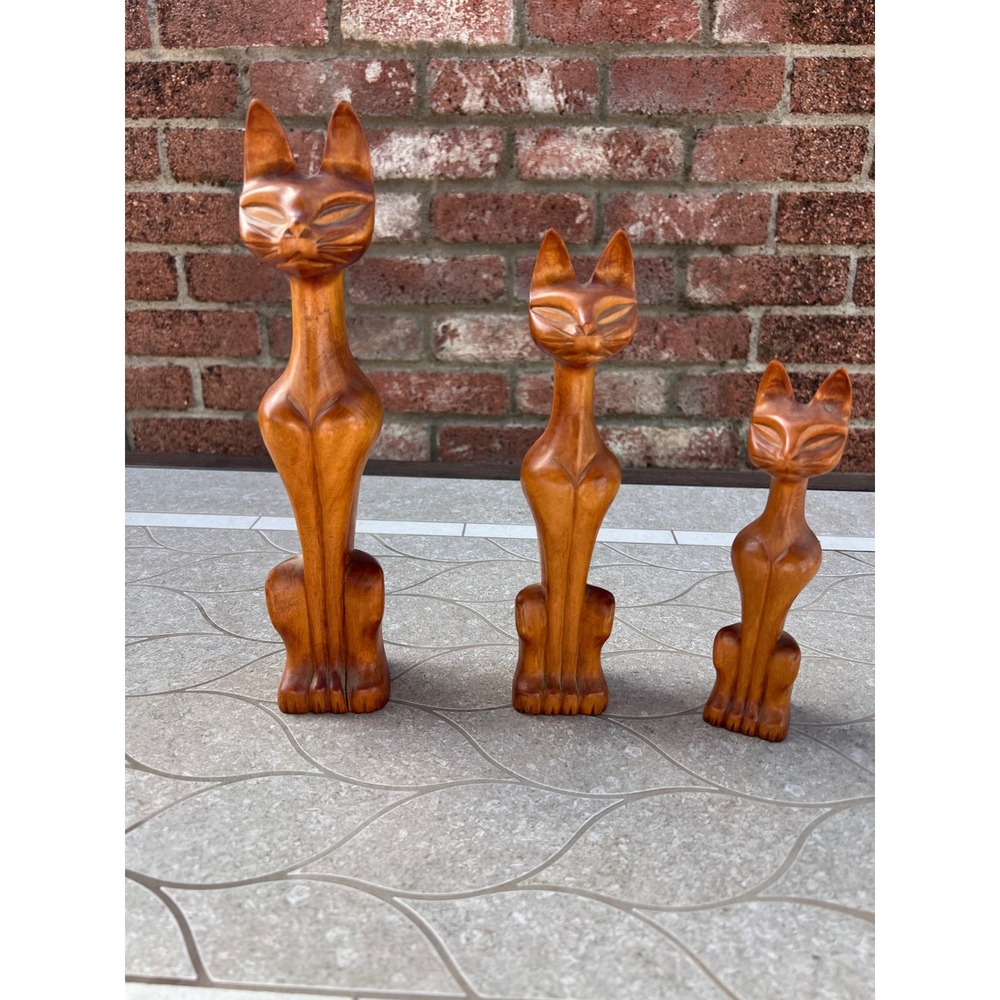 Vintage MCM Hand Carved Wood Siamese Cat Figurine Trio Lina Vizcarra Style Set